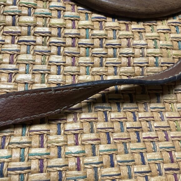 FOSSIL Brown Woven Wicker Handbag w/ Wooden Round‎ Handles Leather Trim Y2K Boho - Picture 16 of 16